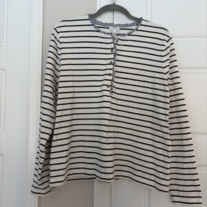 J.Crew Factory Striped Ruffle-Collar Henley, size L in ivory antique navy, EUC